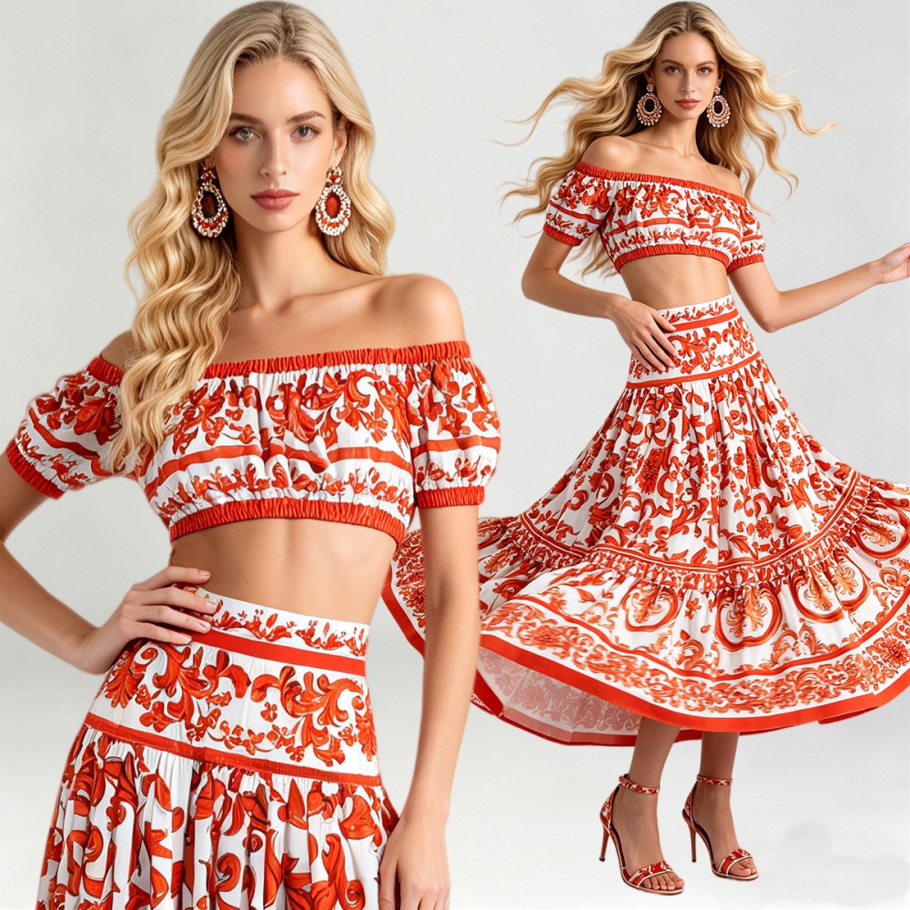 Fashion wrapped chest tops horizontal collar skirt 2pcs set