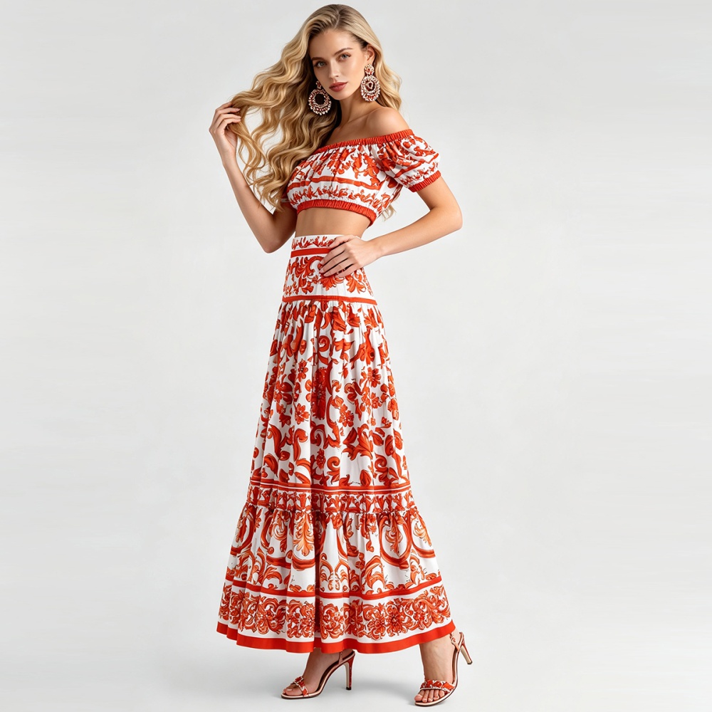 Fashion wrapped chest tops horizontal collar skirt 2pcs set