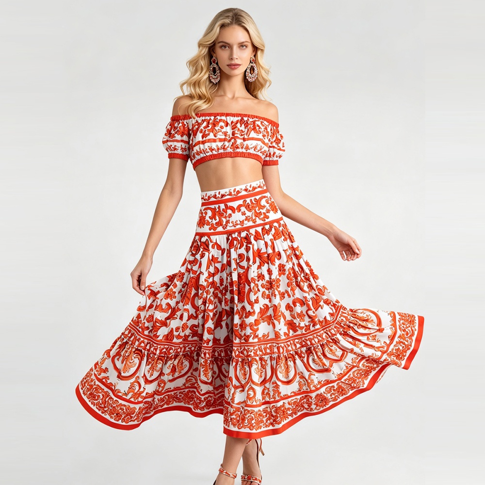 Fashion wrapped chest tops horizontal collar skirt 2pcs set