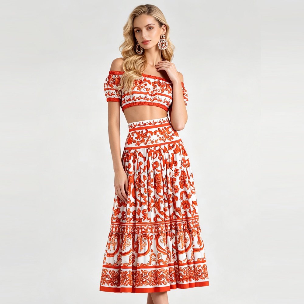 Fashion wrapped chest tops horizontal collar skirt 2pcs set
