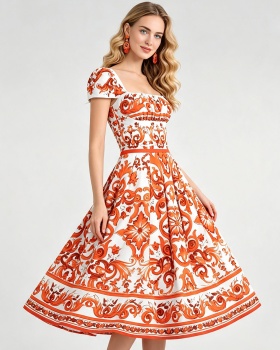 Flowers A-line square collar slim high waist summer dress