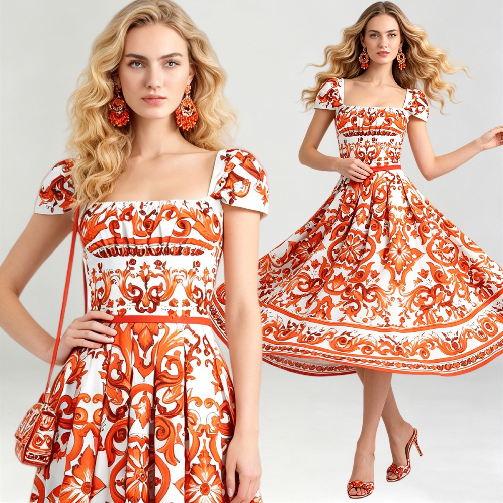 Flowers A-line square collar slim high waist summer dress