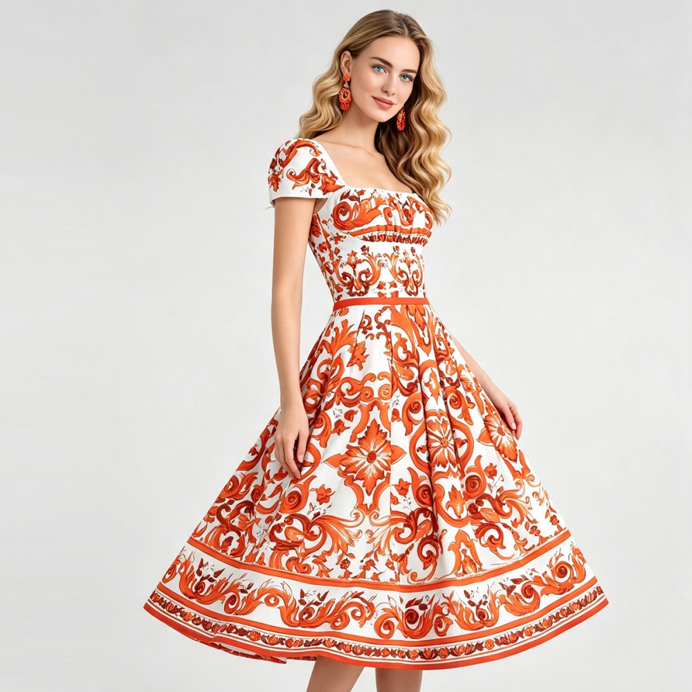 Flowers A-line square collar slim high waist summer dress