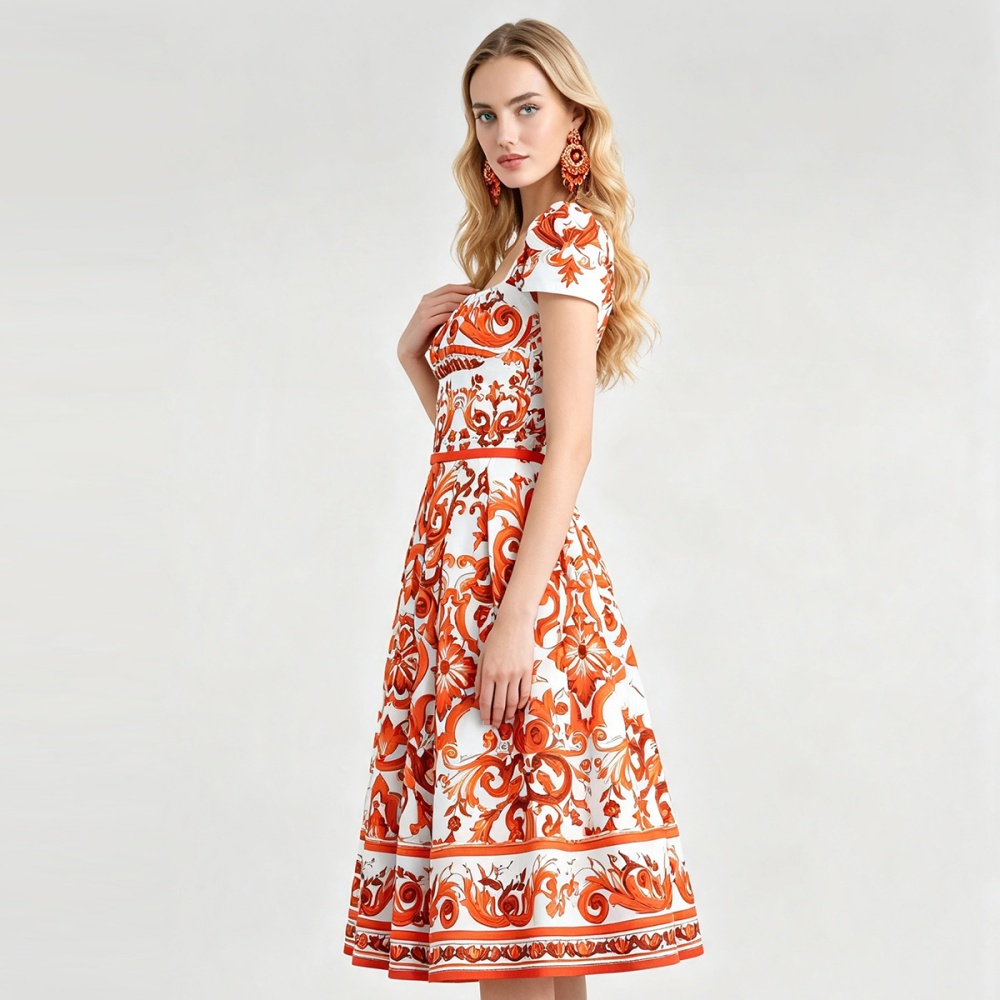 Flowers A-line square collar slim high waist summer dress