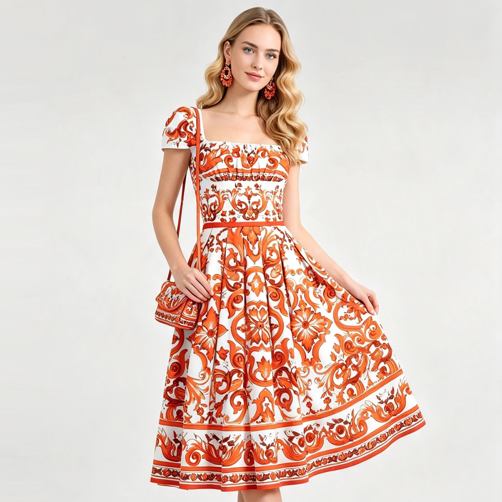 Flowers A-line square collar slim high waist summer dress