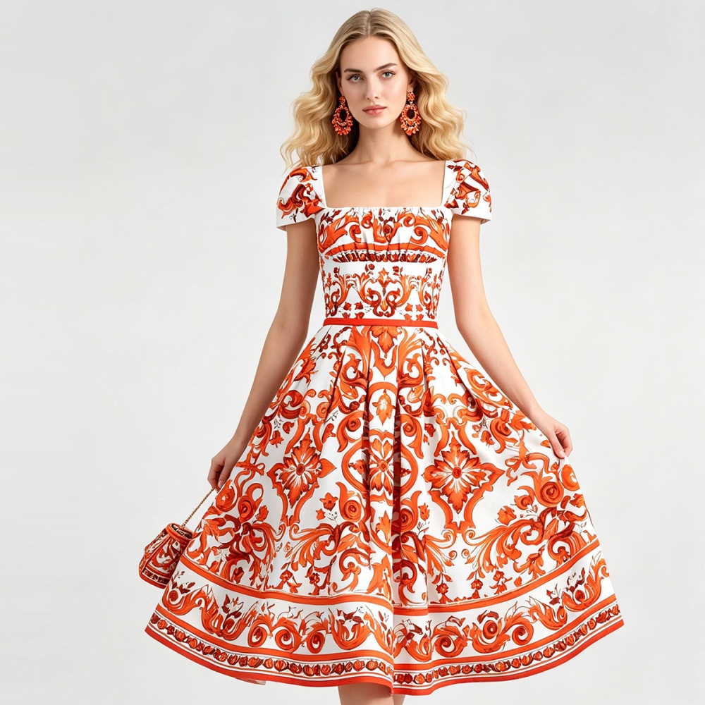 Flowers A-line square collar slim high waist summer dress