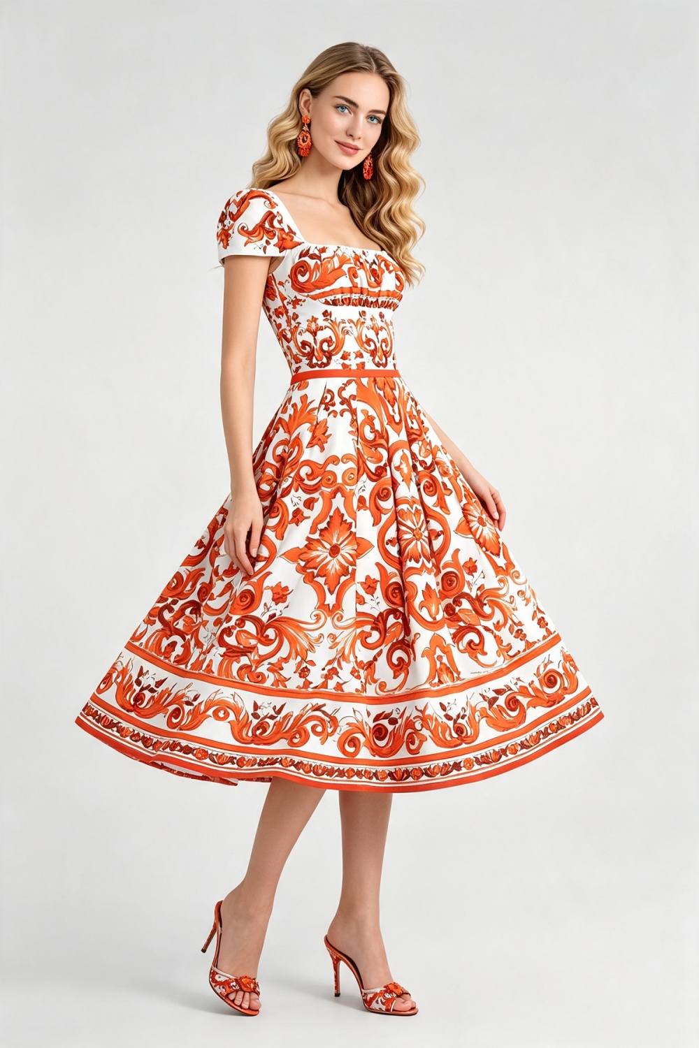 Flowers A-line square collar slim high waist summer dress
