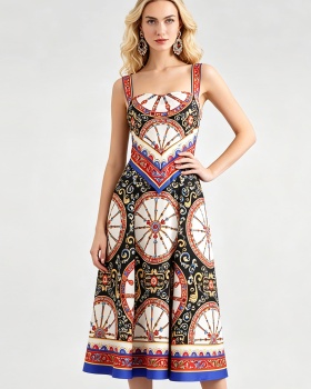 Printing pinched waist strap dress Pseudo-two big skirt dress