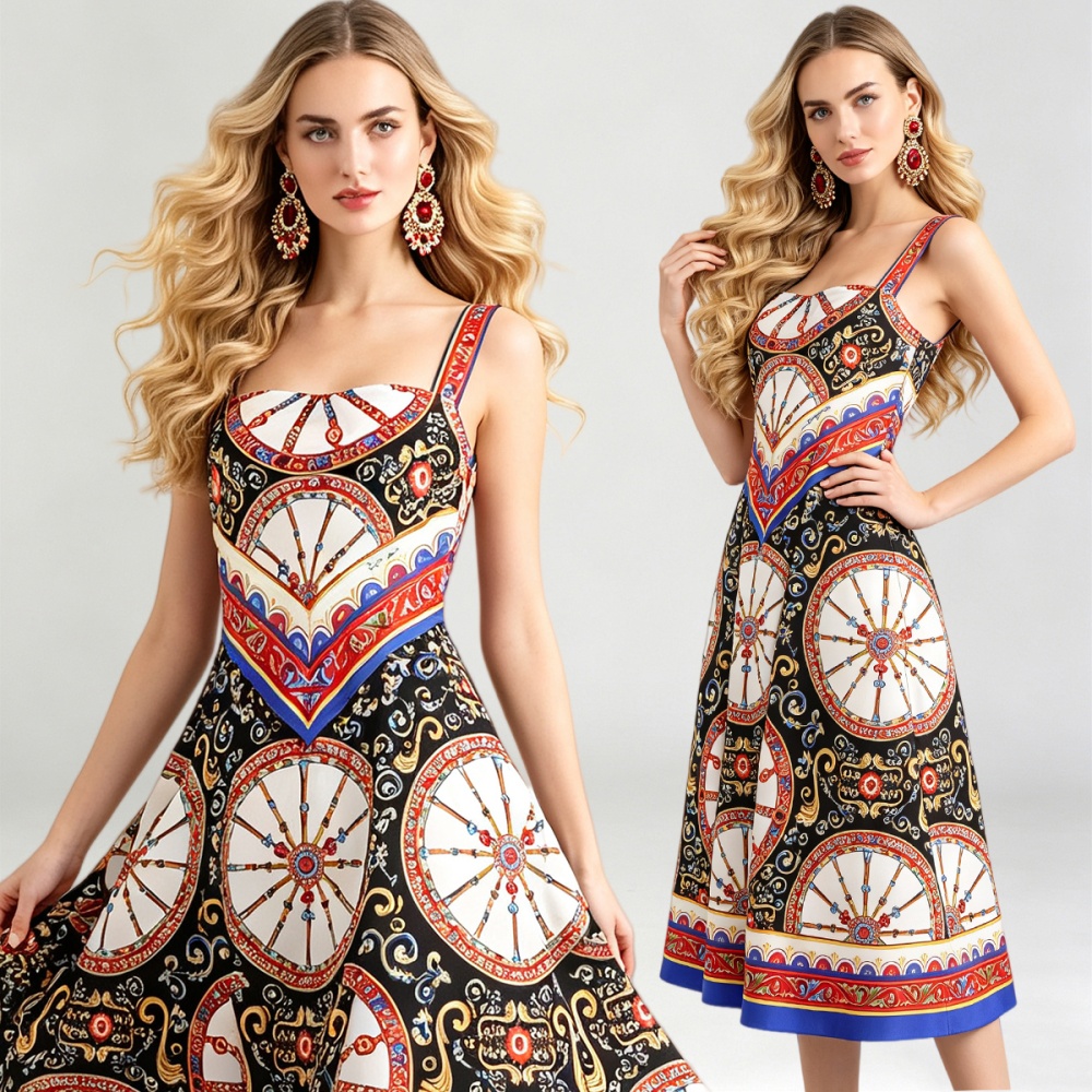Printing pinched waist strap dress Pseudo-two big skirt dress