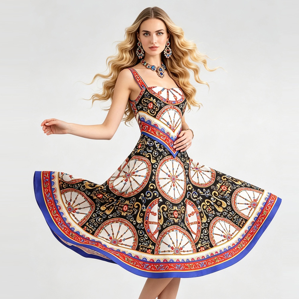 Printing pinched waist strap dress Pseudo-two big skirt dress
