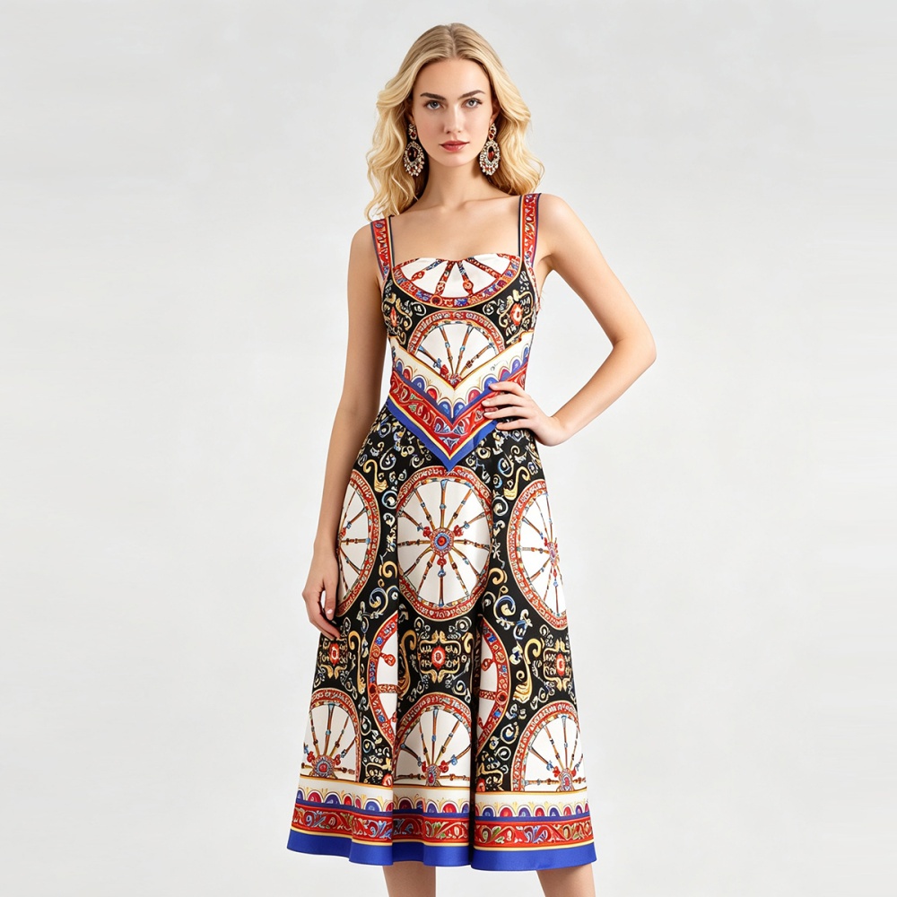 Printing pinched waist strap dress Pseudo-two big skirt dress