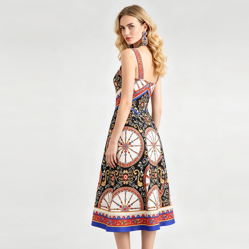 Printing pinched waist strap dress Pseudo-two big skirt dress