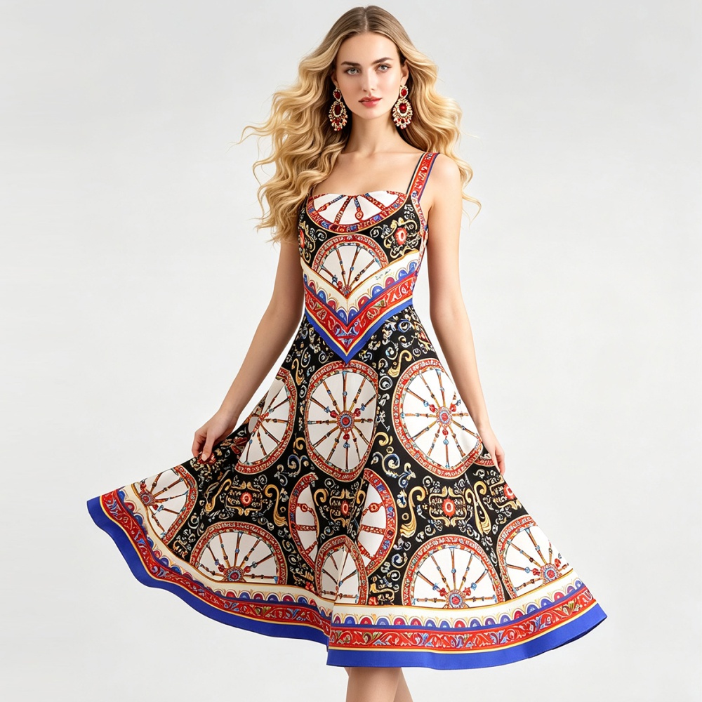 Printing pinched waist strap dress Pseudo-two big skirt dress