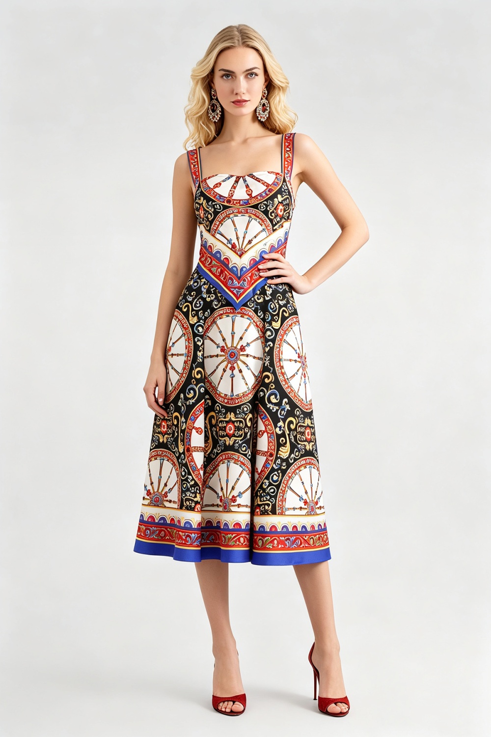 Printing pinched waist strap dress Pseudo-two big skirt dress