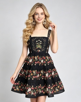 Cotton linen slim printing dress summer A-line vest