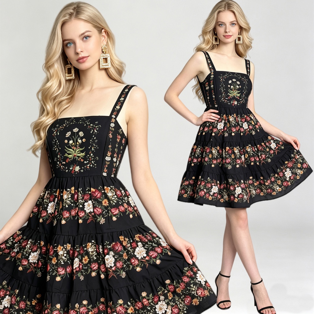 Cotton linen slim printing dress summer A-line vest