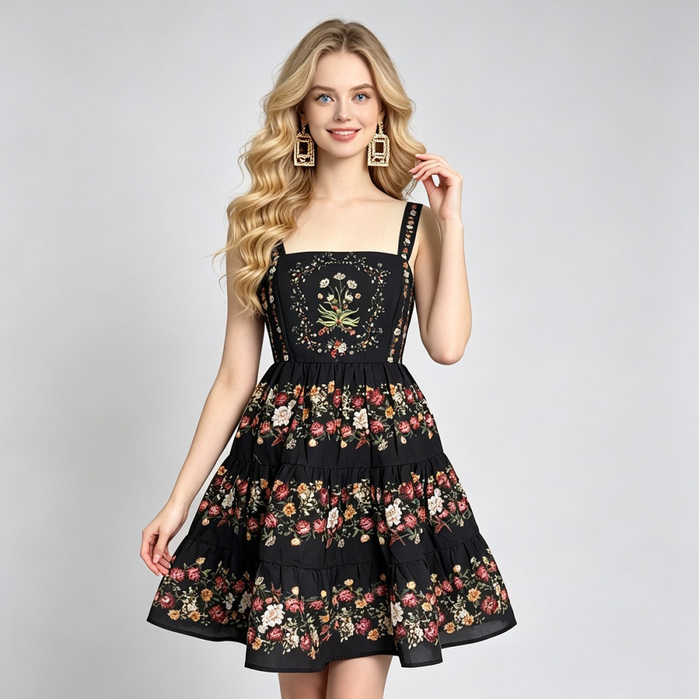 Cotton linen slim printing dress summer A-line vest