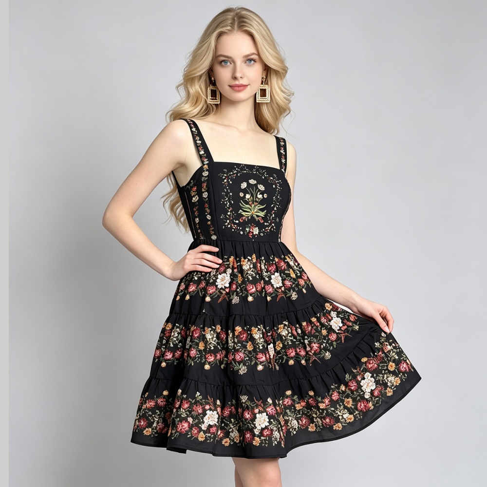 Cotton linen slim printing dress summer A-line vest