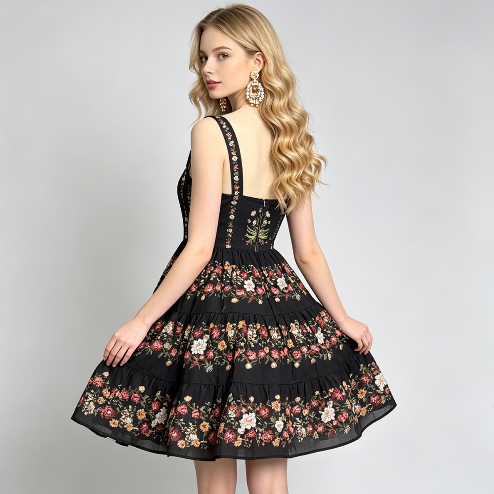 Cotton linen slim printing dress summer A-line vest