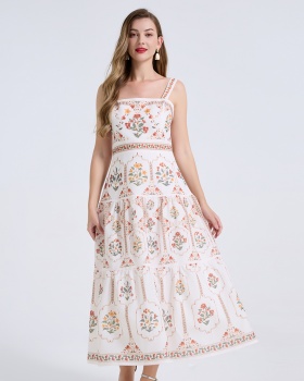 High waist cotton linen summer dress sling A-line slim vest