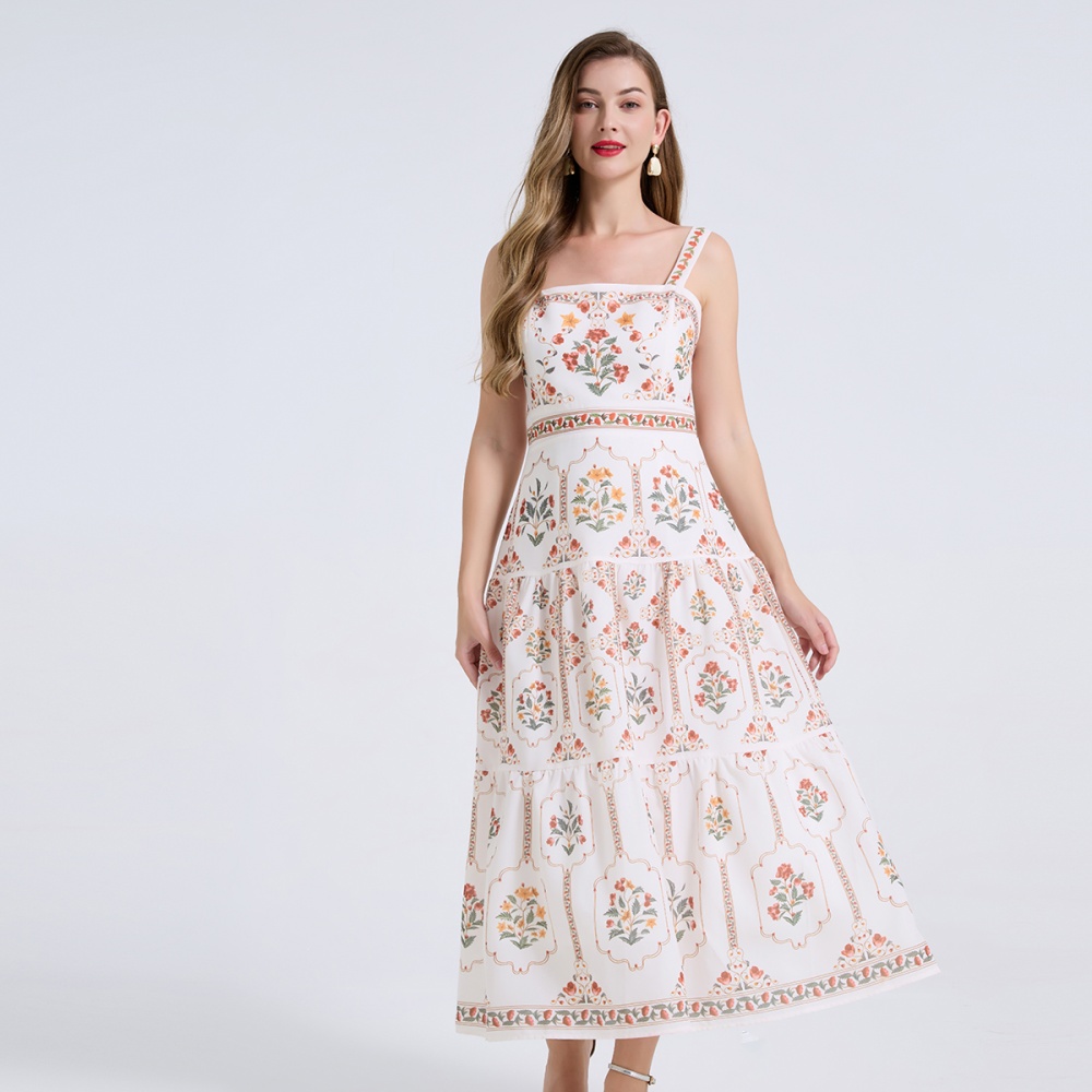 High waist cotton linen summer dress sling A-line slim vest