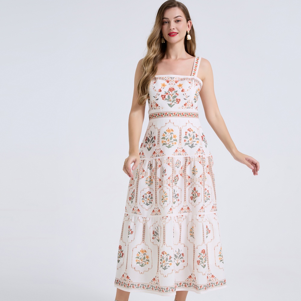 High waist cotton linen summer dress sling A-line slim vest