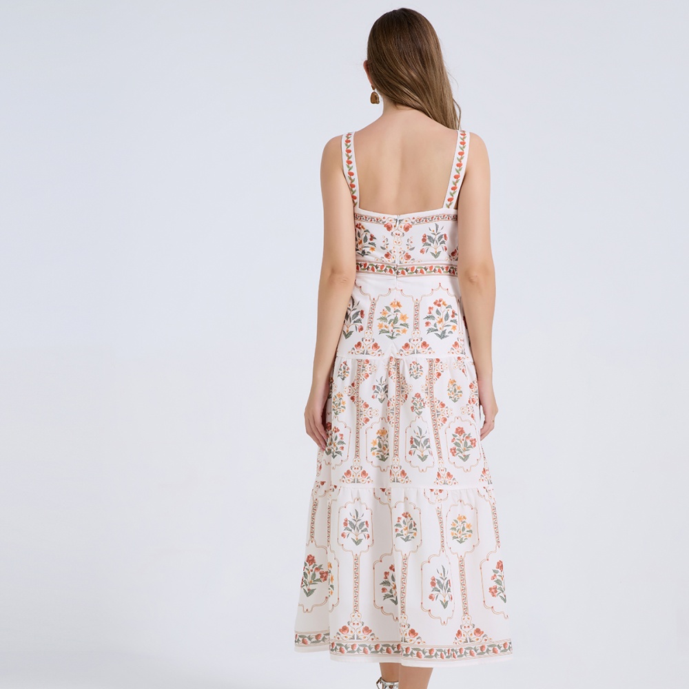 High waist cotton linen summer dress sling A-line slim vest