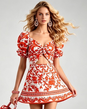 Printing hollow summer T-back sexy colors dress