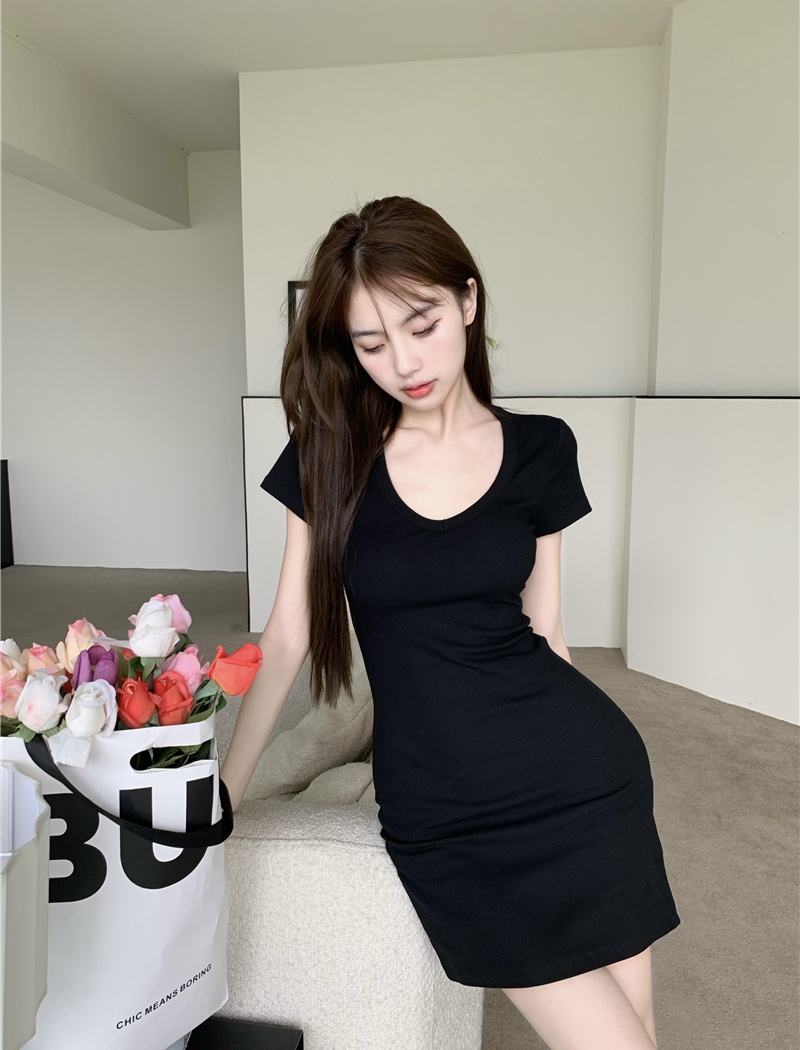 High waist summer enticement slim package hip pink dress