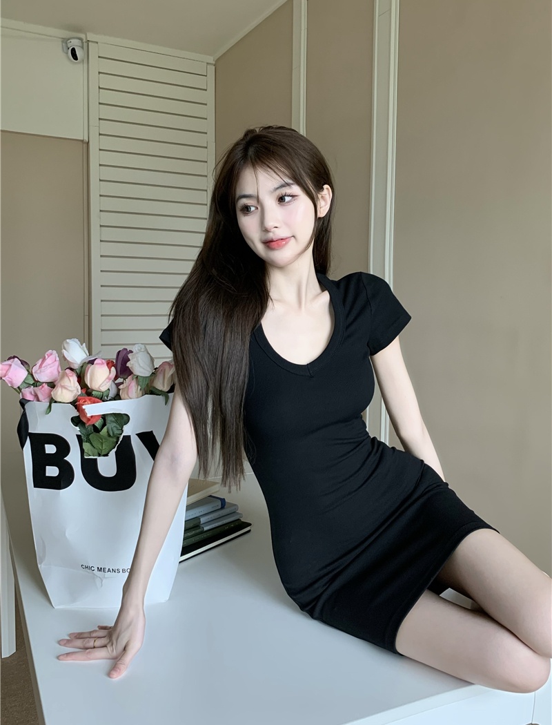 High waist summer enticement slim package hip pink dress