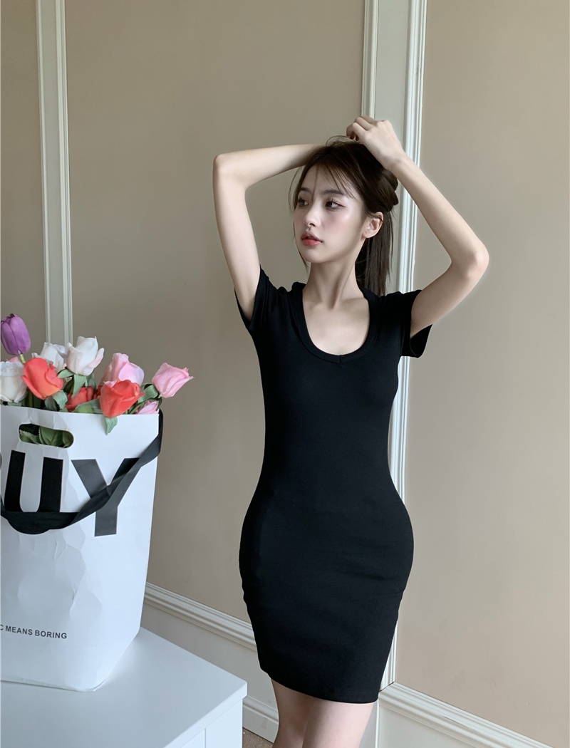 High waist summer enticement slim package hip pink dress