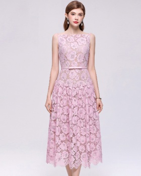 Hollow lace with belt dress sling A-line long dress