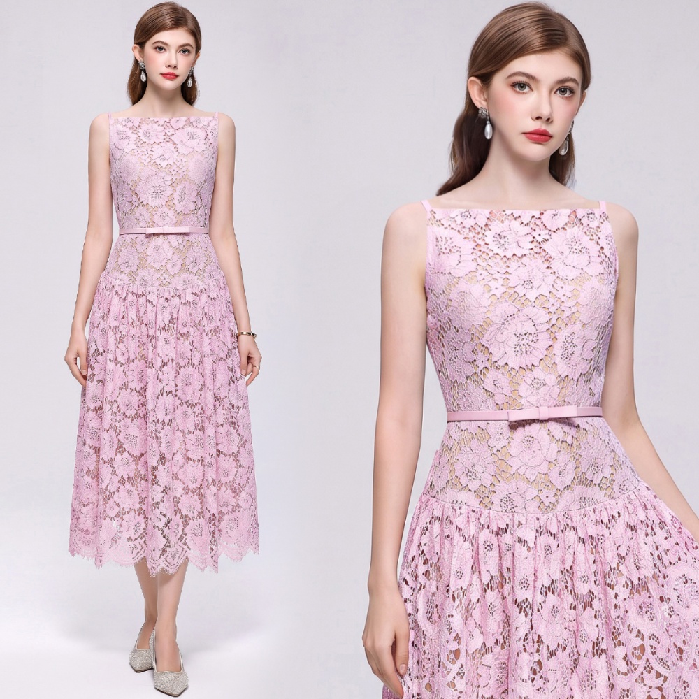 Hollow lace with belt dress sling A-line long dress