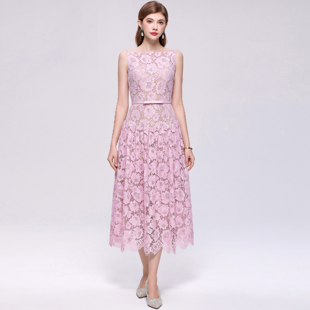 Hollow lace with belt dress sling A-line long dress