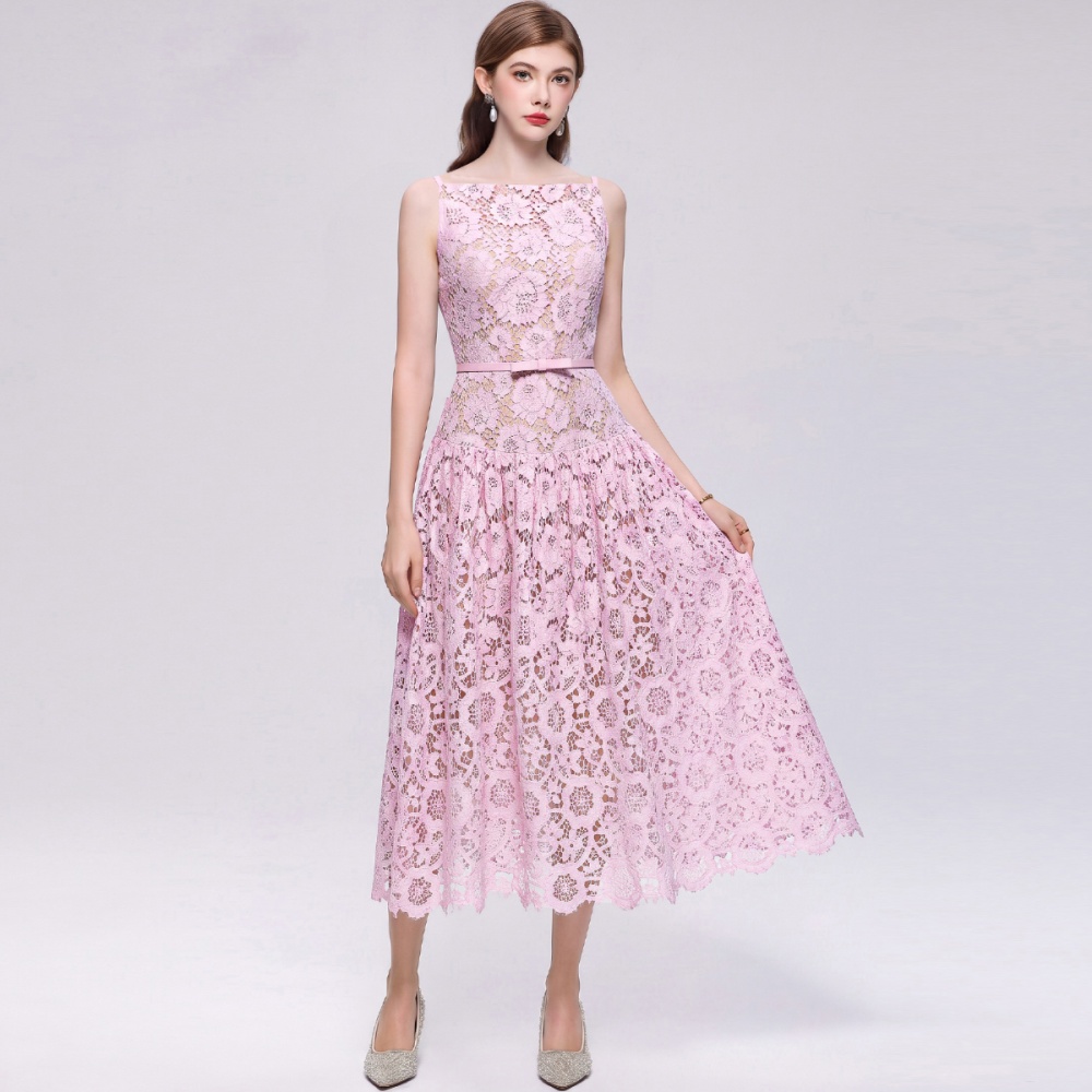 Hollow lace with belt dress sling A-line long dress