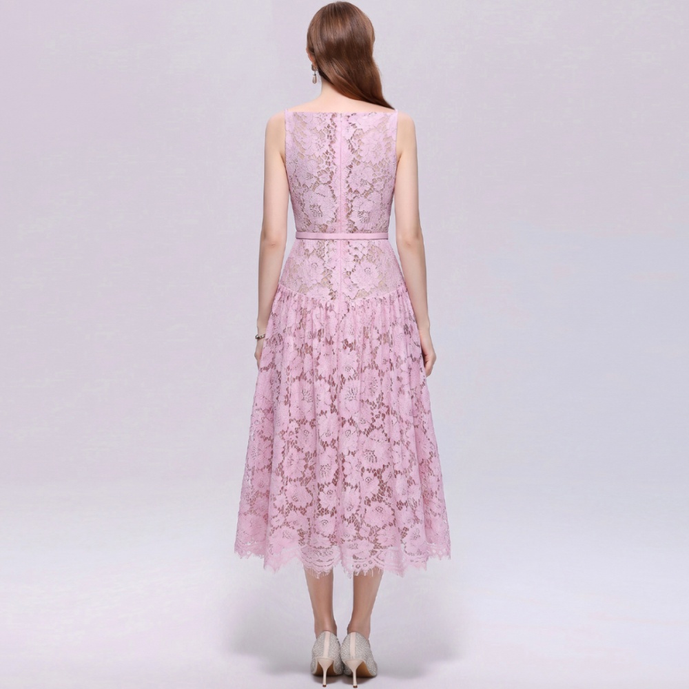 Hollow lace with belt dress sling A-line long dress