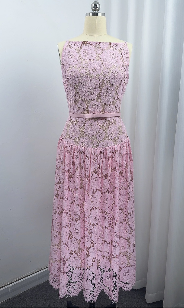 Hollow lace with belt dress sling A-line long dress