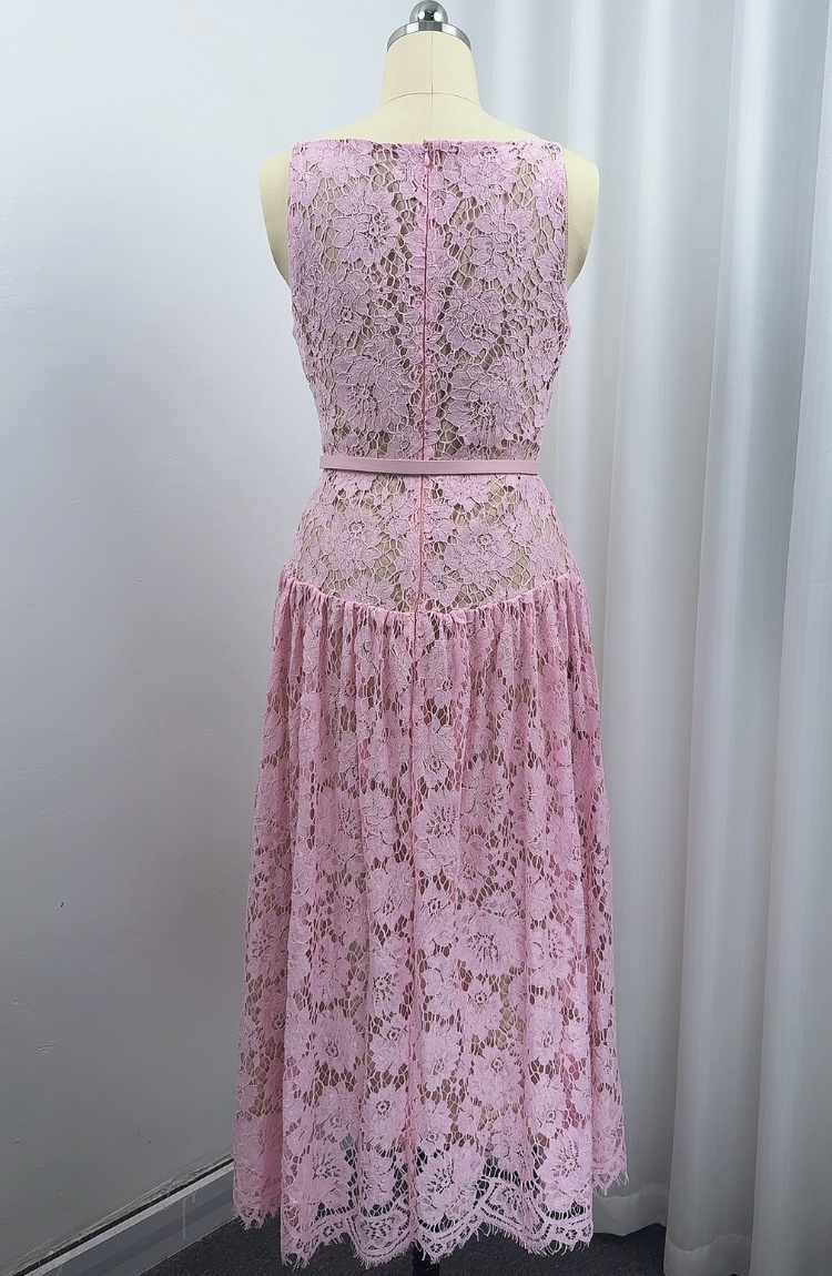 Hollow lace with belt dress sling A-line long dress