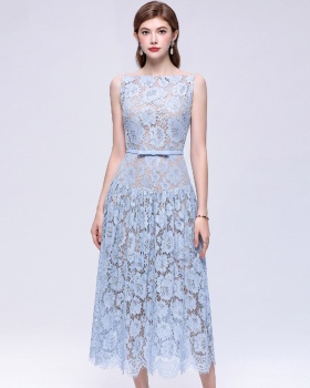 With belt hollow A-line long dress pinched waist lace dress
