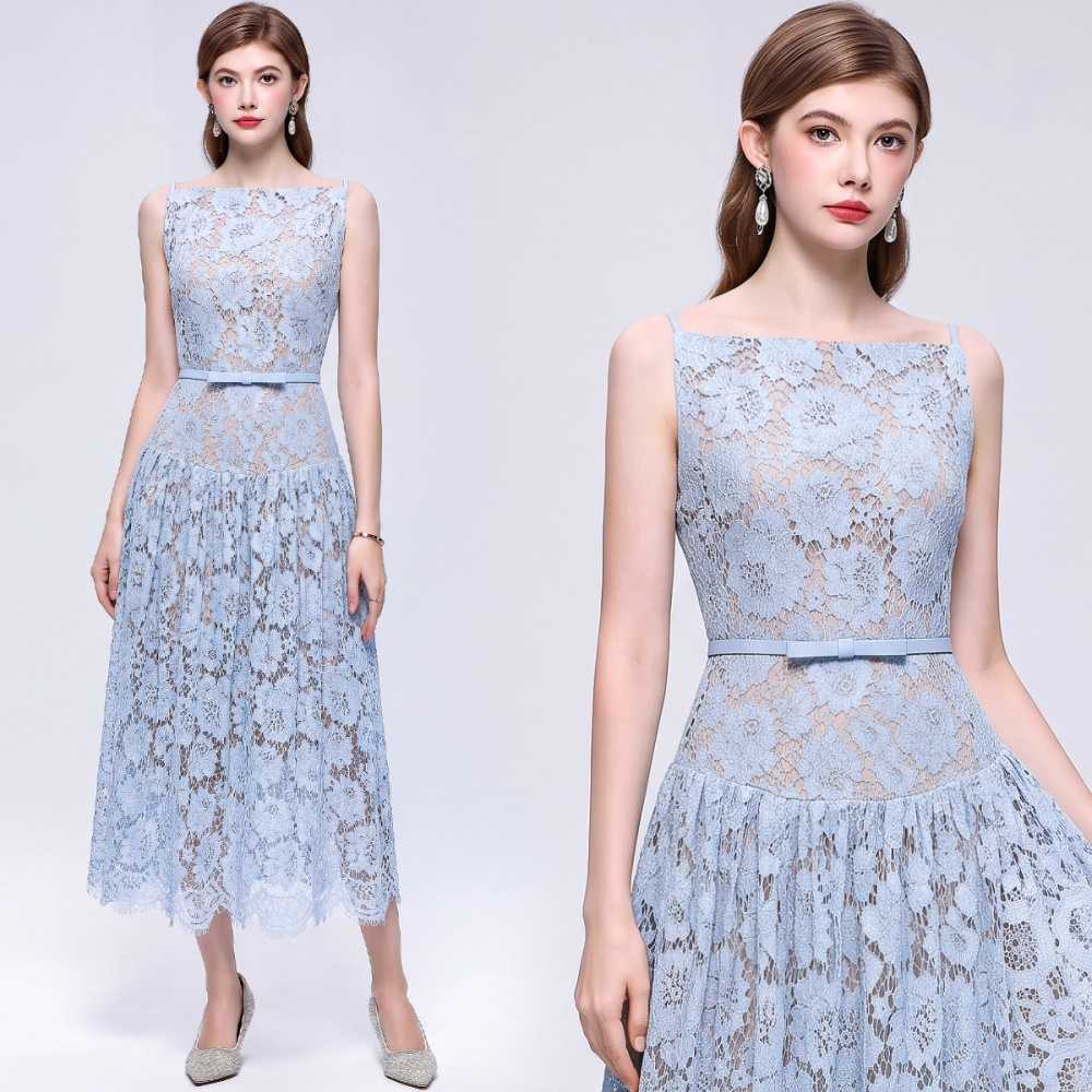 With belt hollow A-line long dress pinched waist lace dress