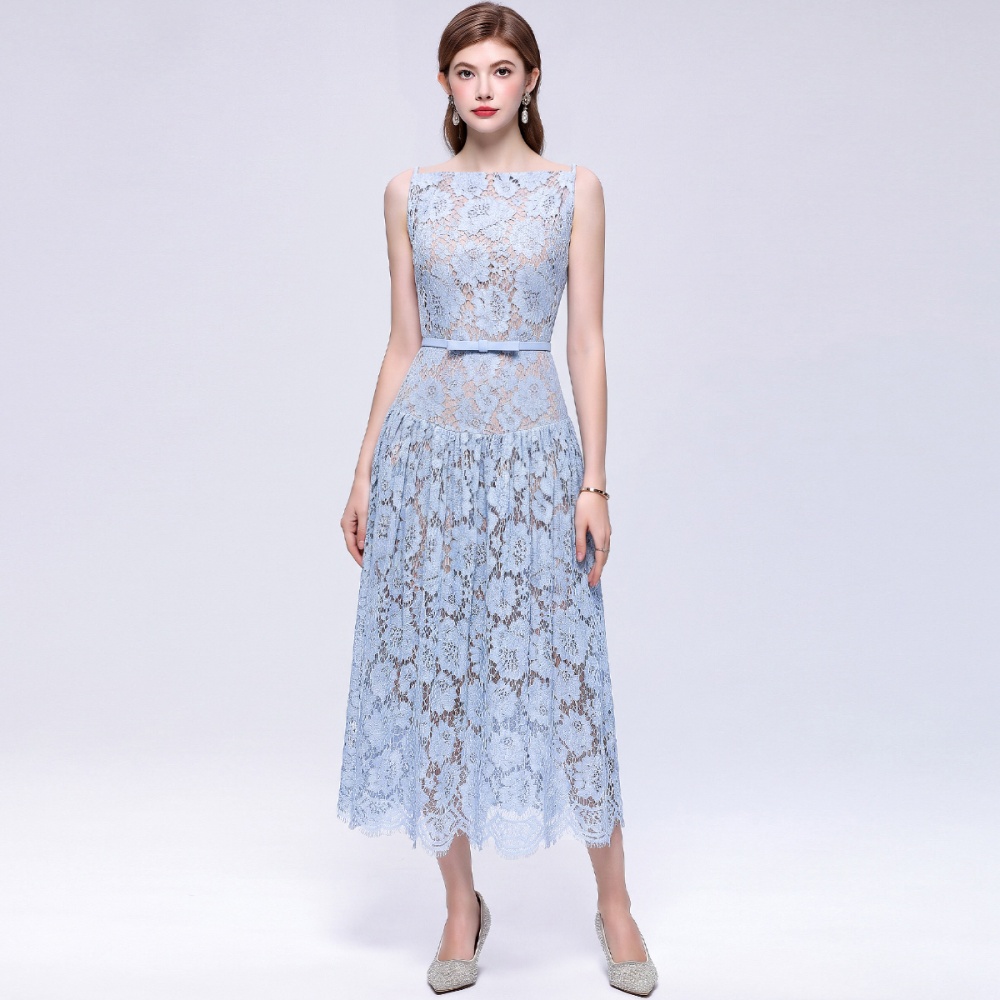 With belt hollow A-line long dress pinched waist lace dress
