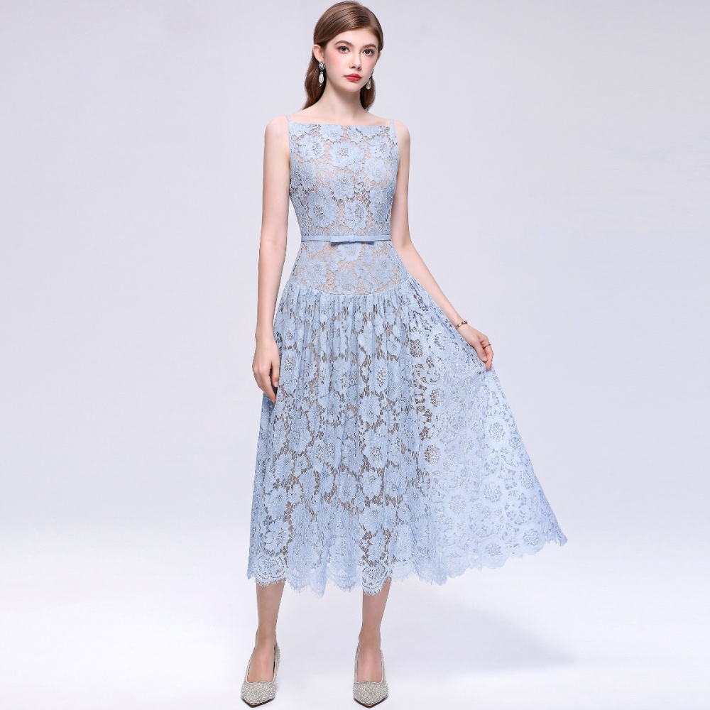 With belt hollow A-line long dress pinched waist lace dress