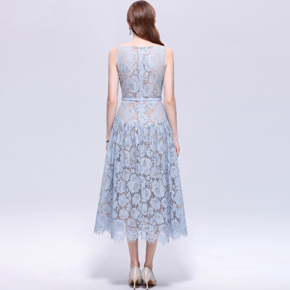 With belt hollow A-line long dress pinched waist lace dress