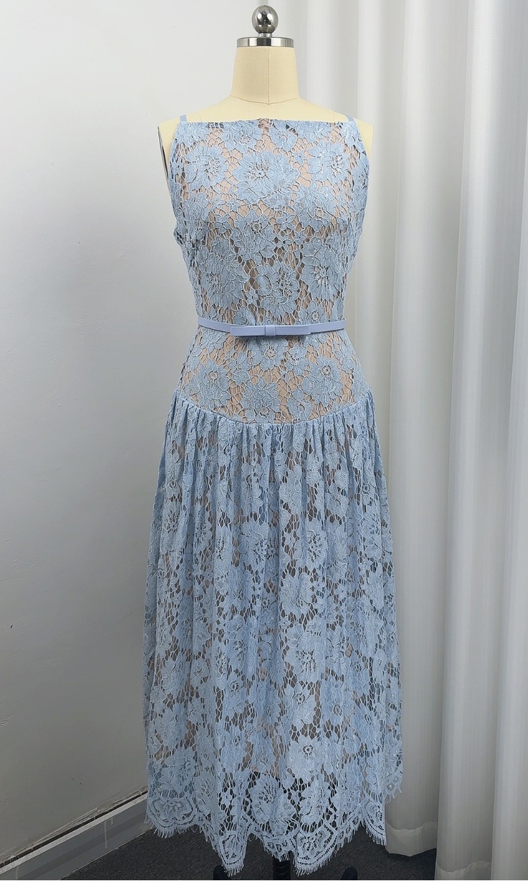 With belt hollow A-line long dress pinched waist lace dress