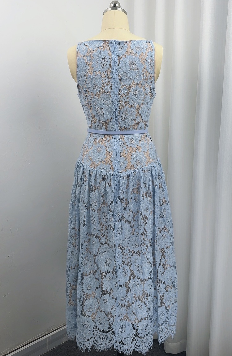 With belt hollow A-line long dress pinched waist lace dress