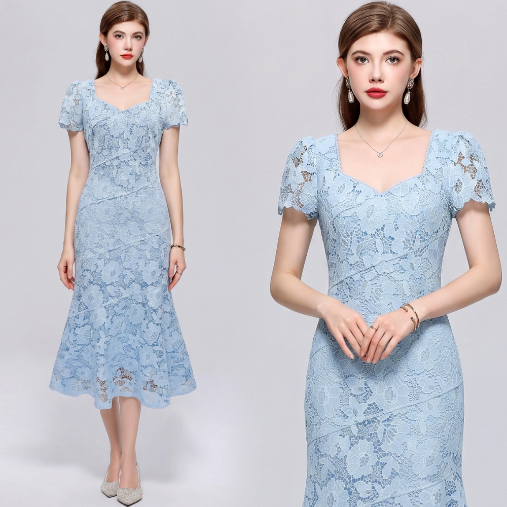Lace square collar mermaid pinched waist elegant dress