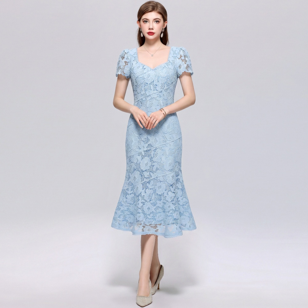 Lace square collar mermaid pinched waist elegant dress