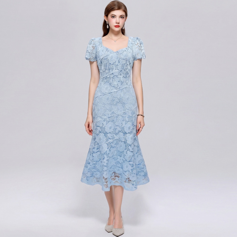 Lace square collar mermaid pinched waist elegant dress