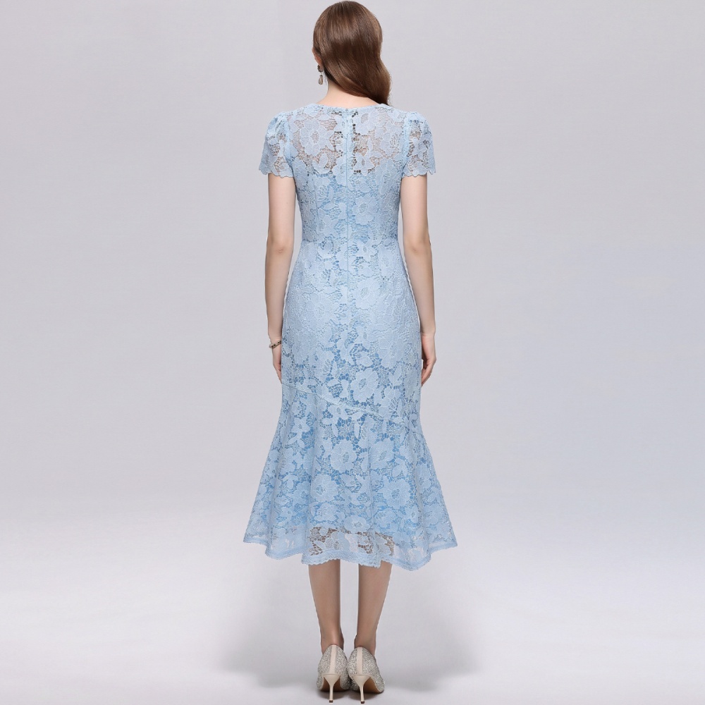 Lace square collar mermaid pinched waist elegant dress