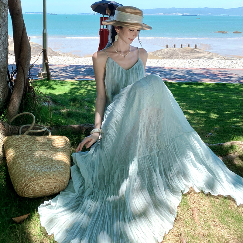 Vacation big skirt slim fold lady long summer dress